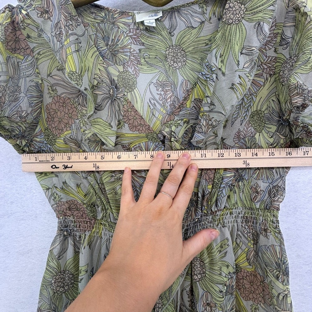 Odille Anthropologie Silk Floral Ruffle Blouse Womens Size 2 Green Boho Feminine - Picture 6 of 9